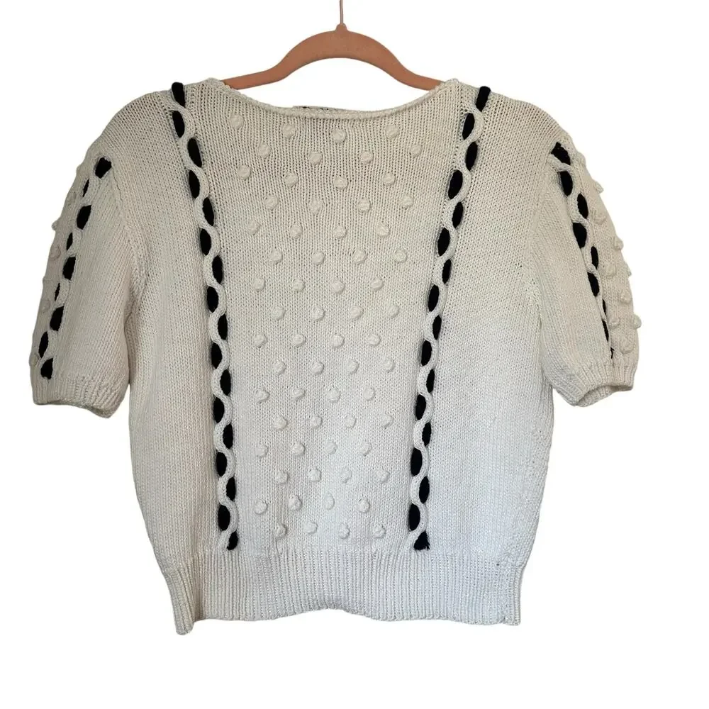 Vintage Hand Knit French Girl Preppy Coastal Short Sleeve Sweater With Pom Poms - Picture 5 of 12
